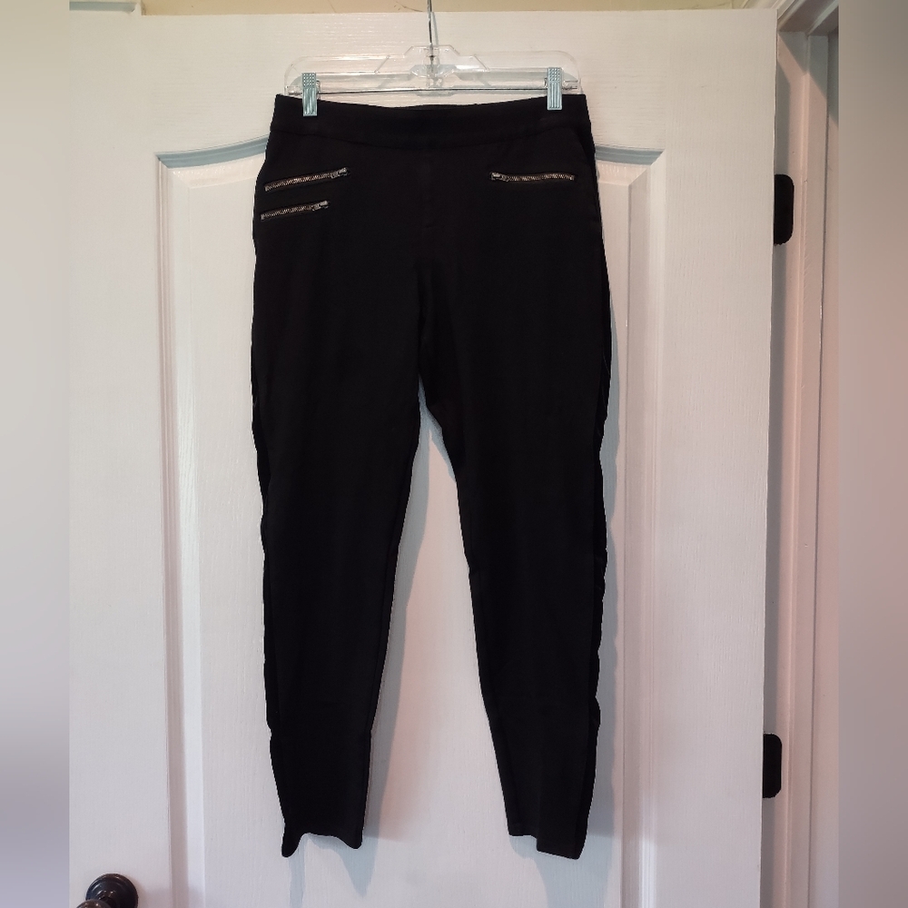 INC International Concepts Black Leggings with Zipper Accents and Velour Trim